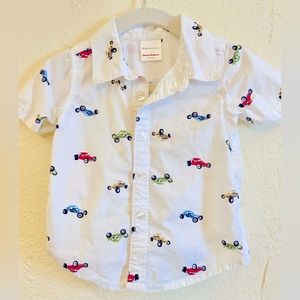 Hanna Andersson Button-Up White Collared Shirt With Colorful Car Print